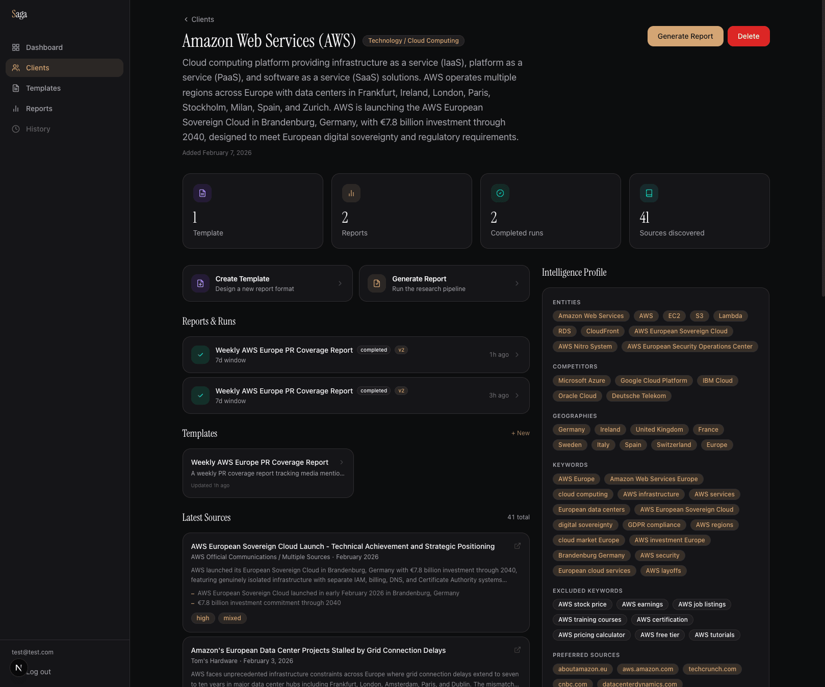 Client dashboard showing intelligence profile, coverage stats, and discovered sources